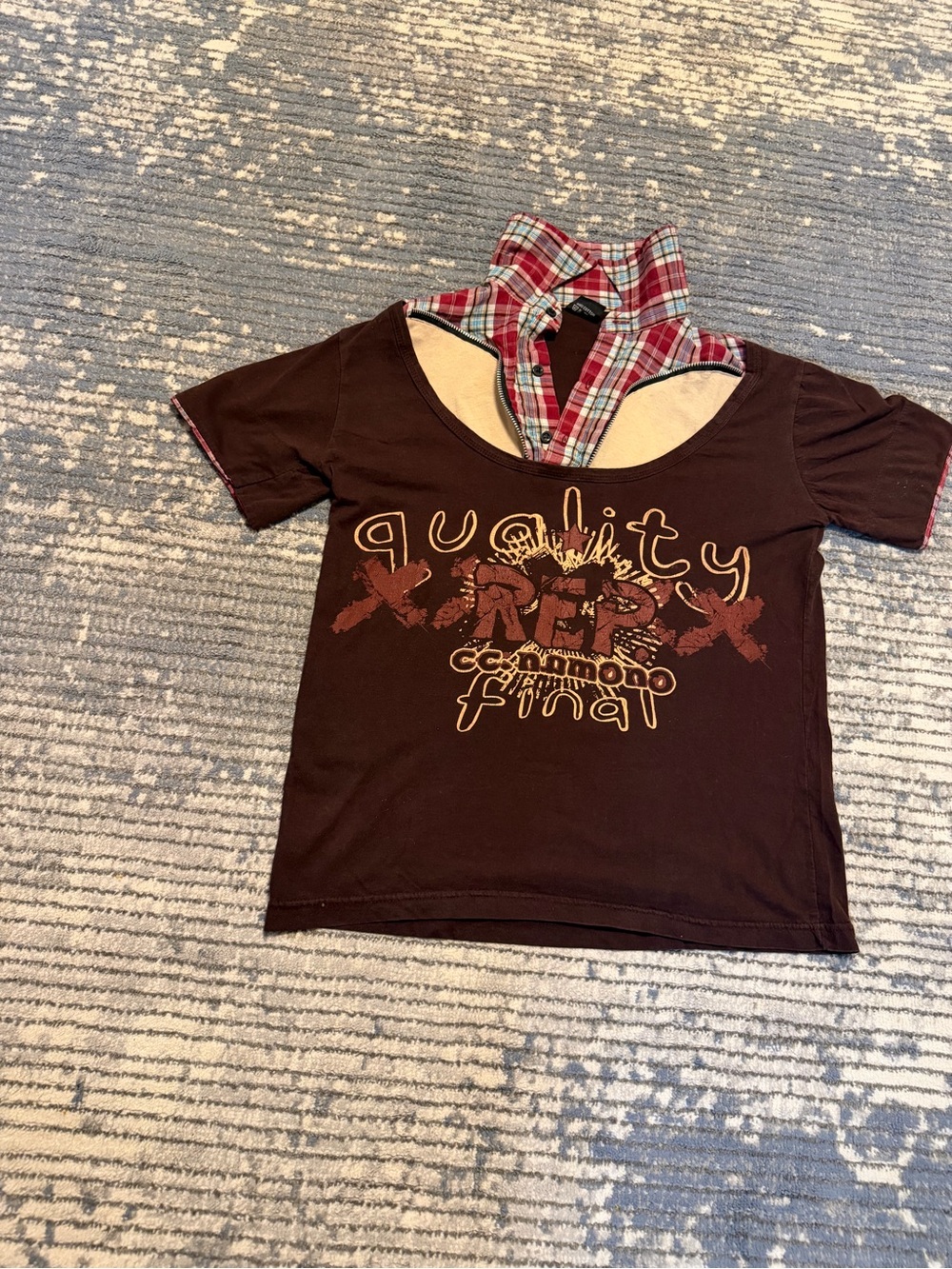 Kids Brown Graphic Short-Sleeve Tee with Plaid Layered Collar